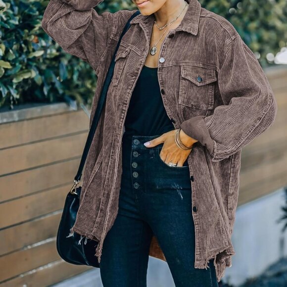 Womens Brown Oversized Corduroy Shirt Jacket Casual Button Down Retro - Picture 4 of 4